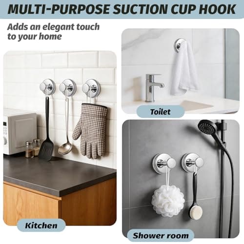 warlve Large 15lb Suction Cup Hooks for Shower, No-Drill Bathroom Towel Hooks for Robes, Loofah, Removable Mountable on Glass, Tile, Mirrors, Smooth Non-Porous Surfaces(2, Chrome Polished) - Thumbnail 5
