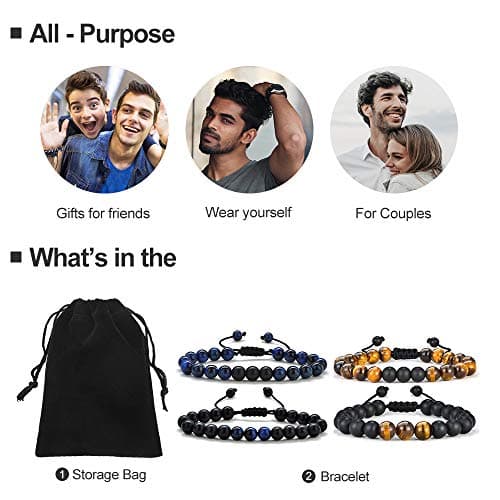 M MOOHAM Gifts for Men Bracelet - Beaded Tiger Eye Natural Lava Rock Stone Bracelets Men Birthday Retirement Dad Gifts - Thumbnail 2