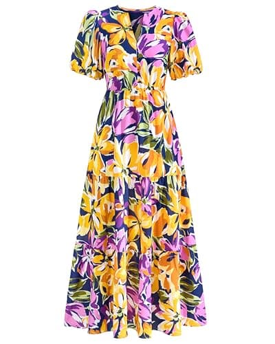 dowerme Womens Summer Dresses 2026 Casual Puff Short Sleeve V Neck Floral Boho Tiered Ruffle Maxi Dress with Pockets(Navy Yellow Purple,X-Large) - Image 1