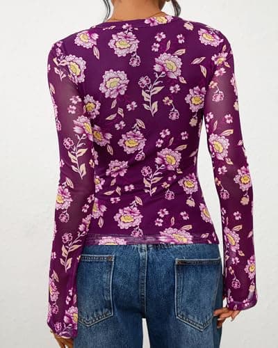 BTFBM Button Down Shirts for Women 2026 Spring Boho Tops V Neck Long Sleeve Blouses Ruched Mesh Fitted Fashion Clothing(Purple, Large) - Thumbnail 4