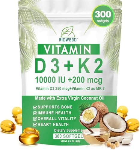RIOWEGO Vitamin D3 + K2 w/Coconut Oil,Vegan Vitamin D 10000IU & Mk7 Vitamin K 200 mcg for Bone, Immune & Heart Support | Easy to Swallow-Non-GMO-300 Softgels - Image 1