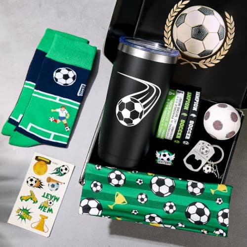 Soccer Lover Gift Baskets for Men,Soccer Fan Football Player Gift Basket Set Football Lover Gifts with Stainless Steel Tumbler, Keychain,Sock, Wristband,Birthday Gifts for Men Dad Husband Sports Lover - Thumbnail 2
