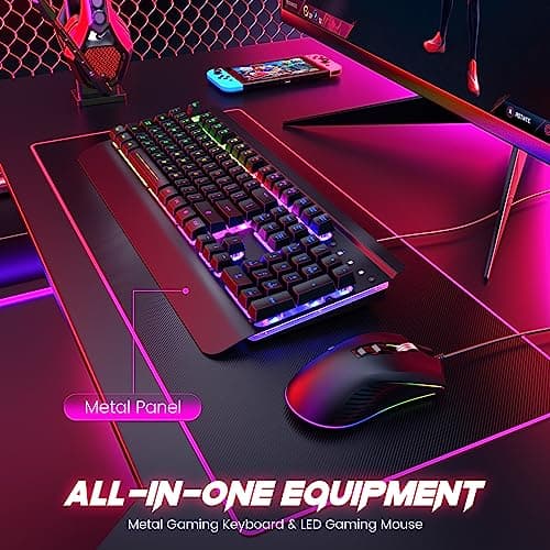 Wired Gaming Keyboard and Mouse Combo, 104 Keys All-Metal Panel Rainbow Computer Keyboard with Multimedia Keys Wrist Rest and LED Backlit Gaming Mouse 4200 DPI for Windows PC Gamers (Black) - Thumbnail 2