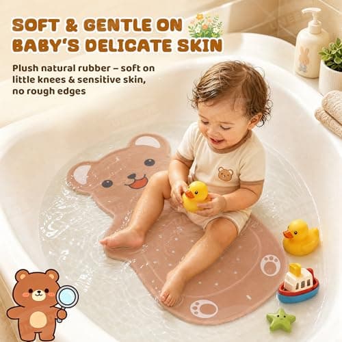 UNEEDE Kids Bathtub Mat Non Slip - Natural Rubber Baby Bath Mat for Tub, Cute Brown Bear Shape Toddler Bath Mat with 126 Suction Cups & 43 Drainage Holes, Soft & Machine Washable Bathroom Essentials - Thumbnail 4