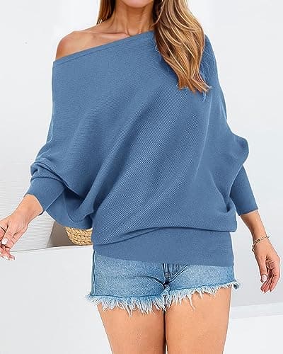 Zenlonr Women's Fall Sweaters 2026 Casual Long Batwing Sleeve Loose Off Shoulder Knit Pullovers Jumper Tops(Blue,Large) - Thumbnail 3