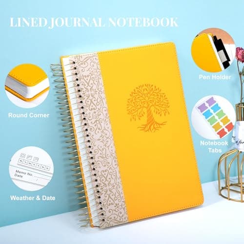 FLYING EAGLE Yellow Spiral Notebook Leather Journal for Women Men Large Notebooks 300 Pages for School Office Notepad, 7X10 Note Taking Notebooks for Writing Lined Notebook with Tabs Pockets Pen Box - Thumbnail 6