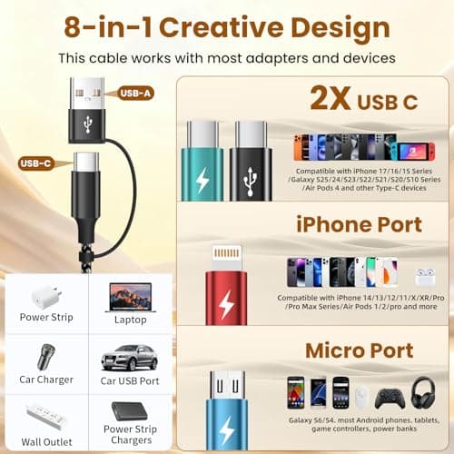 Travel 4 in 2 Multi Charging Cable, USB A/C Charging cords with Dual Type-C/Lightning/Micro USB, Universal iPhone Charger Cord for iPhone Series/Androids/Tablets, Multi Charger Cable (3Pack, 5FT) - Thumbnail 4