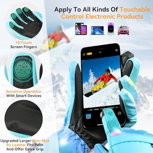 Pnosnesy Ski Gloves,Winter Snow Waterproof Gloves Touchscreen Skiing & Snowboarding Cold Weather Glovess,Fits Both Men & Women,for ParentChild Kids with Wrist Strap - Thumbnail 2