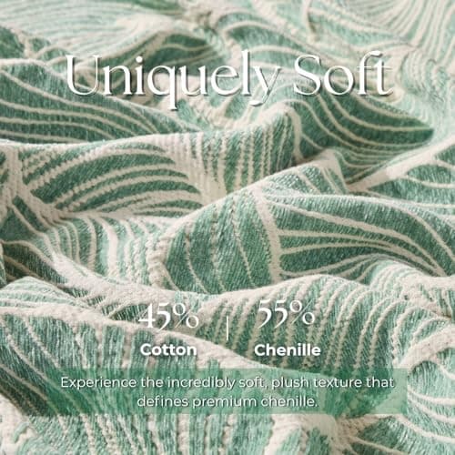 DOWN HOME Chenille Cotton Throw Blanket for Couch, Lightweight Boho Blanket for Bed Sofa Chair Living Room Outdoor Soft Woven Decorative Blanket with Tassel Gift Green Leaves 55"x60" - Thumbnail 3