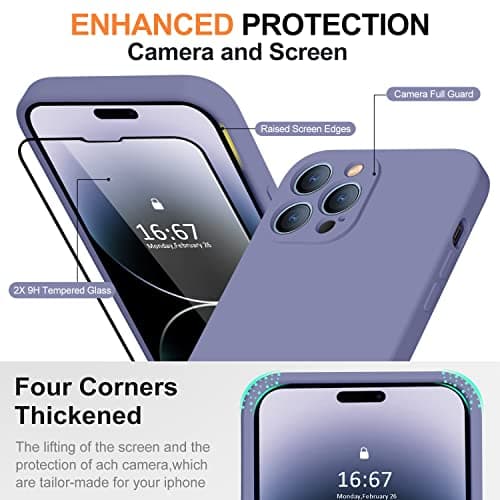 TISOOG Compatible with iPhone 14 Pro Case for Women,with 2 Pcs 9H Tempered Glass Screen Protector,[Camera Protection][Microfiber Lining] Slim Shockproof Silicone Case iPhone 14 Pro,Lavender Grey - Thumbnail 3