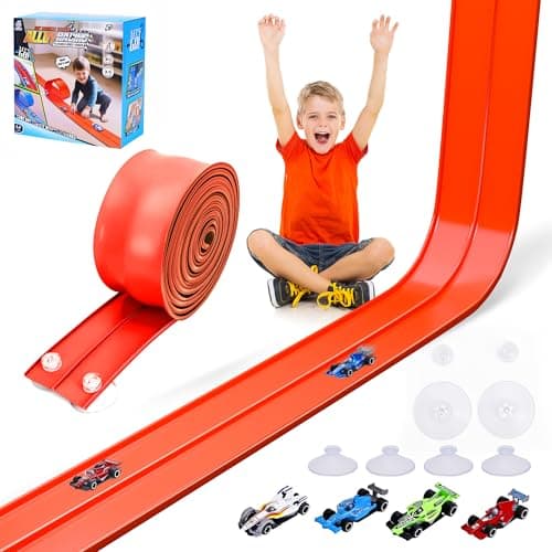 FUTESI Flexible Race Car Track for Kids 15 Ft Flex Tracks Starter Set Compatible with Diecast 1/64th Cars Portable Rolls Up Race Tracks with Strong Suction Cups Birthday Gifts for Boys Girls Ages 3+