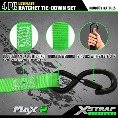 XSTRAP Motorcycle Tie Down Strap (4PK) - 2,200lb Break Strength 1" x 15ft Ratchet Tie Down Straps Set, Soft Loop Ratchet Straps for Moving Appliances, Lawn Equipment, Cargo Straps for Trucks, Green - Thumbnail 5