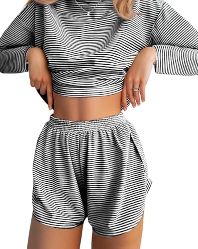 JUSTFASHIONNOW Womens Long Sleeve Pajama Sets Cute Lounge Set 2 Piece Crew Neck Striped Sleepwear Comfy Split Short Pajama Set Soft Fall Outfits Loungewear Cozy Pj sets (Grey Black, Large)