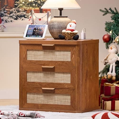 LEYAOYAO Rattan Night Stand with Charger Station, 23" Large 3 Drawer Boho Nightstand, Tea Brown Bedside Table Storage Cabinet, Bed Side End Tables for Bedroom, Living Room, Hallway
