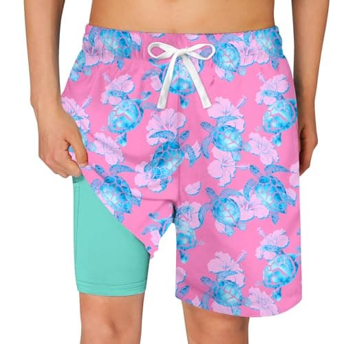 Kid Board Shorts 8 9 Neon Jellyfish Boys Bathing Suit with Compression Liner Neon Turtle Boys Swim Shorts Size 8 9 with Pockets Swim Trunks Classical Summer Beach Shorts Clothes - Image 1