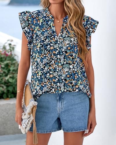 Zenlonr Womens Dressy Casual Tops 2026 Summer Ruffle Cap Sleeve V Neck Shirts Boho Floral Blouses Vacation Outfits(Floral Black Blue,XX-Large) - Thumbnail 6