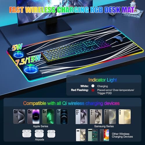 Mouse Pad with Phone Holder, Wireless Charging Desk Mat, RGB Gaming Mousepad Home Office Large Desk Pad with Ultra-Smooth Surface, Non-Slip Base, Waterproof Keyboard Pad,Wavy Black - Thumbnail 2