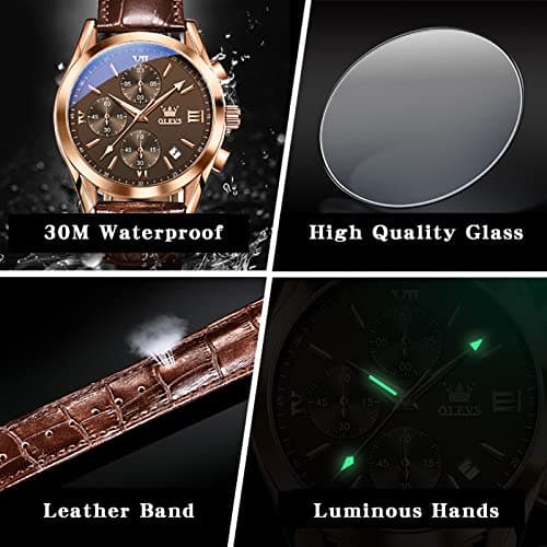 OLEVS Brown Leather Watch Chronograph Dress Water Resistant Classic Mens Watch with Leather Band Casual Analog Young Men's Wrist Watches Relojes para Hombres - Thumbnail 6