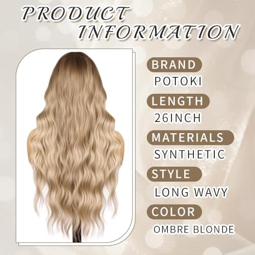 Potoki Ombre Blonde Wig With Bangs Natural Looking Long Curly Wavy Synthetic Wigs For Women Heat Resistant Synthetic Fiber Wigs for Daily Party Use 26 Inches(Ombre Dirty Blonde) - Thumbnail 2