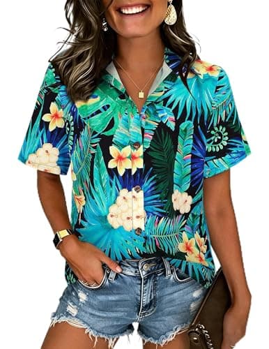 LILYCHIC Women's Floral Button Down Hawaiian Shirts Luau Party Outfits 2025 Tropical Summer Boho Beach Tops Green L - Image 1