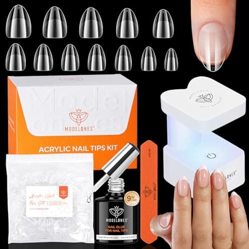 modelones X Nail Gel Kit Extra Short Almond, 9-in-One Nail Glue with Mini UV Light 216Pcs 12Sizes Pre-Etched Press ons Fake Acrylic Extension Kit DIY Salon Gift for Women - Image 1