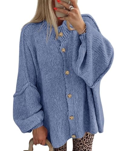 BTFBM Cardigan Sweaters for Women 2026 Fall Clothes Lantern Long Sleeve Button Open Front Chunky Knit Oversized Sweater(Grey Blue, Small) - Image 1
