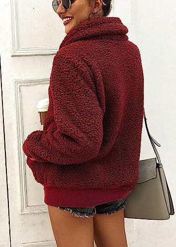 KIRUNDO Winter Clothing for Women Sherpa Pullover Fleece Zip Sweatshirt 2026 Fall Fashion Fuzzy Faux Shearling Warm Outwear(Large, Wine Red) - Thumbnail 5