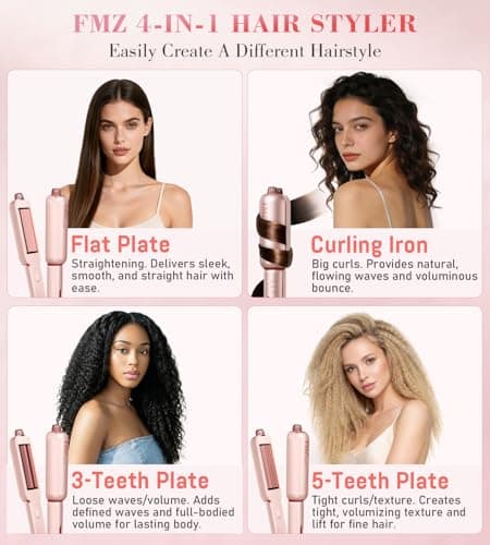 FMZ Flat Iron Hair Straightener Crimper Curler, Professional 4 in 1 Pink Hair Styling Irons for Straightening, Crimping, Curling, Fast Heating, Dual Voltage, Mini and Portable for Women Travel Home - Thumbnail 3