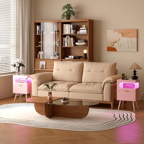 Veegle Nightstand with Charge Station,Modern Bedside Table with Storage Drawer and Open Wood Shelf, Accent Night Stand with Solid Wood Legs for Bedroom and Small Spaces (Pink) - Thumbnail 4