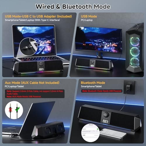 SOULION R80 Bluetooth Computer Speakers, USB Plug & Play PC Speakers with Digital Clock Display, Clear Sound Soundbar with Colorful LED Lights for Desktop Monitor Laptop (USB Adapter Included) - Thumbnail 6