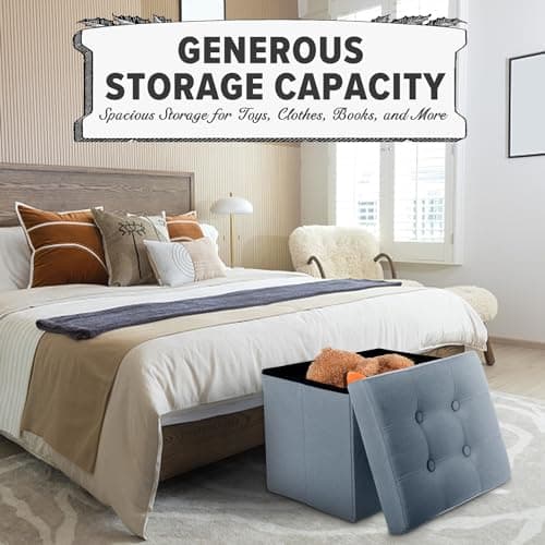 LINMAGCO Storage Ottoman Folding Foot Stool Ottoman with Side Pocket Modern Short Sofa Stool Linen Cloth 17x13x13(FogBlue) - Thumbnail 6