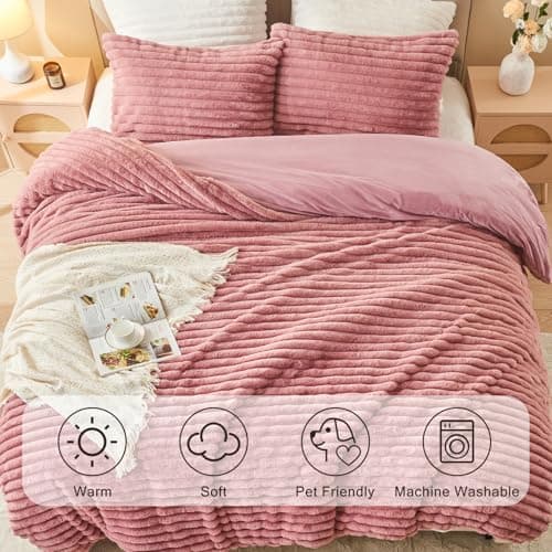 EMME Faux Fur Duvet Cover King Size, 3 Pieces Ultra Soft Fluffy Comforter Cover, Cozy Warm for Winter, Luxury Elegant Shaggy Striped Design Bedding, 1 Duvet Cover & 2 Pillow Shams (King, Old Pink) - Thumbnail 4