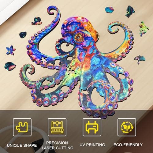 Wooden Puzzle for Adults, Colorful Octopus Jigsaw Puzzle for Adults 200 Piece, Unique Ocean Animal Shaped Wooden Puzzles, Challenging Cyber Octopus Wooden Jigsaw Puzzle for Kids Family Game 11 * 11in - Thumbnail 5