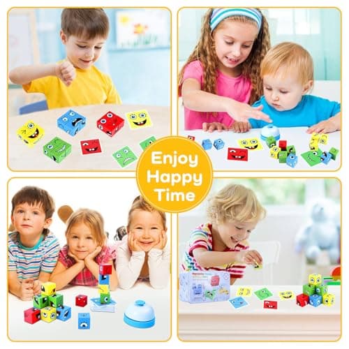 Montessori Puzzle Game for Kids - Wooden Face Changing Magic Cube Game, Educational Face Changing Cubes, 3+ Years (64 Cards, 16 Blocks, 1Bell) - Thumbnail 5