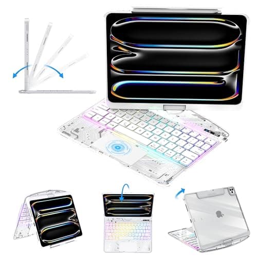 lambasa Clear Keyboard Case for iPad Air 13" (M3/M2, 2025/2024) & Pro 12.9" (3/4/5/6th Gen) 360° Swivel Multi-Touch Trackpad with Wireless Bluetooth 7-Color Backlight, Pencil Holder White