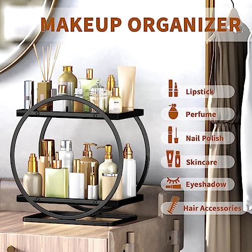 YIWANFW Bathroom Counter Organizer, Black Perfume Organizer for Dresser, 2 Tier Bathroom Organizer Countertop, Vanity Makeup Organizers, Skincare Display Tray for Bathroom Sink Storage - Thumbnail 5