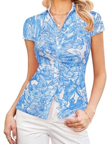 GRACE KARIN Women Mesh Boho Tops Dressy Casual, Floral Short Sleeve Button Down Blouses Collared Outfit Blue White Small - Image 1