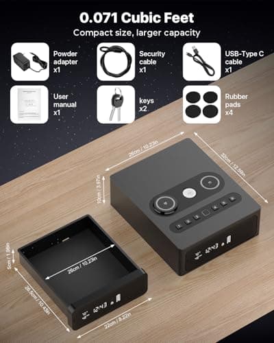 Biometric Smart Gun Safe with Wireless Charging, 3-in-1 Quick-Access Handgun Safe with Fingerprint & Backlit Keypad, Bedside Drawer Security Safe with Security Cable Hole & LED Light & Digital Display - Thumbnail 5