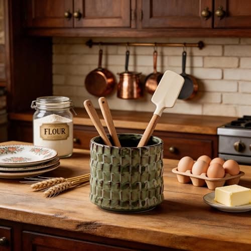 Utensil Crock Kitchen Utensil Holder, 5 Inches Small Ceramic Utensil Holder for Countertop, Unique Embossed Checkered Pattern, Seaweed Green Cooking Utensil Crocks for Kitchen, Home Decor Gift - Thumbnail 3