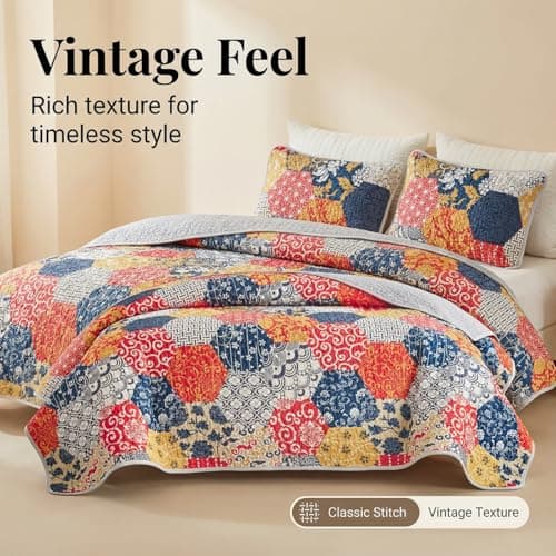 Andreannie Boho Quilt Set King Size, Reversible Floral Geometric Honeycomb Pattern Bedspread, Soft Lightweight Microfiber Bedding Coverlet, All Season Bohemian Quilt with 2 Pillow Shams, 3 Pieces - Thumbnail 3
