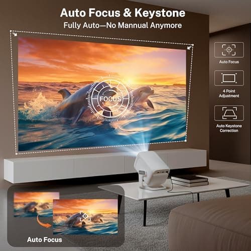 Smart Projector with WiFi 6 and Bluetooth 5.4, 600 ANSI Native 1080P Portable Mini Projector with Auto Focus & Keystone, 270° Rotatable for Bedroom Home Theater Outdoor Movie White&Gray - Thumbnail 4