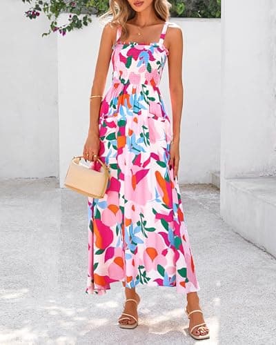 PRETTYGARDEN Womens Summer Dresses 2026 Casual Spaghetti Strap Ruffle Smocked Flowy Floral Spring Maxi Dress with Pocket(Apricot Rose Red Flower,Large) - Thumbnail 3