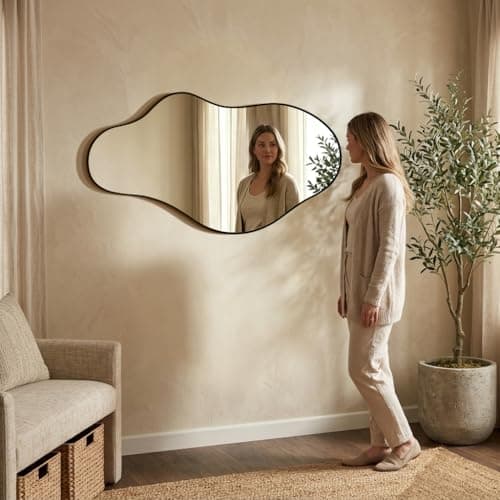 potijo Irregular Wall Mirror 22"x40" Black Abstract Asymmetrical Mirrors for Wall, Decorative Wavy Mirror for Entryway, Bedroom, Cloakroom, Living Room, Aluminum Alloy Frame