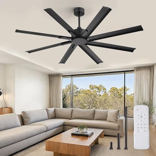 ZMISHIBO 65 Inch No Light, Large Industrial Ceiling Fan with 8 Aluminium Blades, Quiet DC Motor, 6 Speeds, Modern Ceiling Fan without Light for Garage/shop/living room,Black - Image 1