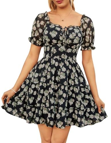 Scarlet Darkness Floral Corset Mini Dress Women Teen Summer Off Shoulder Dress Graduation Cute Sundress with Pockets Black Beige L - Image 1