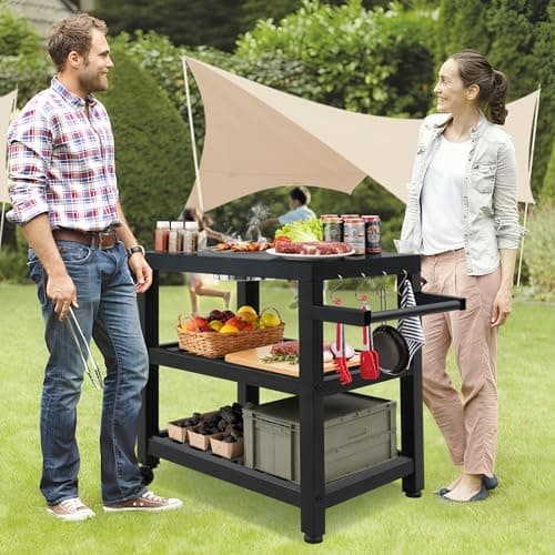 Outspurge Outdoor Grill Cart with Grill Kit, Movable BBQ Prep Tables Station with Wheels, Dining Cart Table with 2-Tier Storage Cart, 33.3" Lx19.9W x33.2H Grill Table, Black - Thumbnail 5