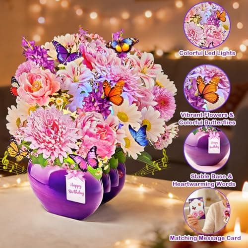 Rayilyn Happy Birthday Musical Cards for Women Mom, 3D Pop-Up Greeting Card with Light & Music, 10 Inch Peony & Gerbera Flower Bouquet & Butterflies Design Gift Card for Woman, Lady, Sister - Thumbnail 2
