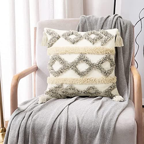 Pyonic Boho Throw Pillow Covers 18x18 Woven Tufted Decorative Pillow Covers with Tassel,CR-White,Gray - Image 1