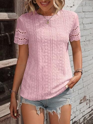 RICHSTORY Summer Tops for Women 2026 Casual Crewneck Short Sleeve Shirts Cute Ladies Top Comfy Spring Dressy Blouses Women's Clothing Pink XX-Large - Thumbnail 4