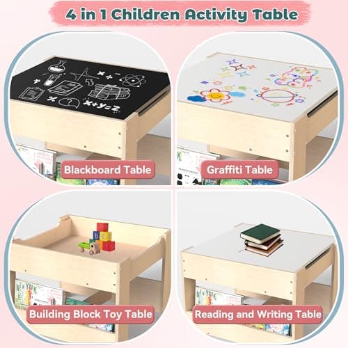 bbgroundgrm 4-in-1 Kids Wooden Activity Desk & Chair Set – Birch Plywood Table with Reversible Whiteboard & Chalkboard, 3 Storage Areas for Toddlers’ Learning, Art, and Play(3 Years+) - Thumbnail 2